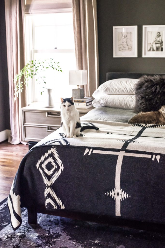 In the master bedroom, Lulu and Ringo on a Pendleton blanket. Life drawings by Van Hayes. Side tables from Again &amp; Again. Horchow lamps.