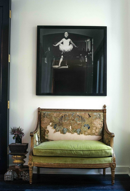 (3) In the dining room, antique French settee with original upholstery. Nic Nicosia's "Real Pictures #6," 1991, from Lisa Brown Consulting.