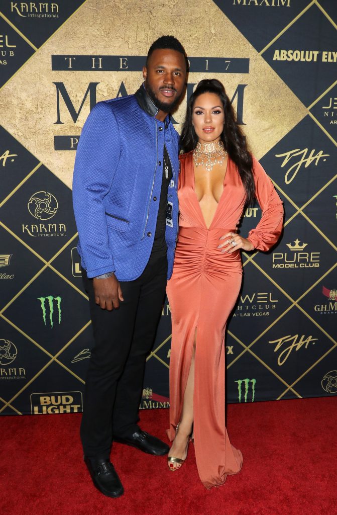 HOUSTON, TX - FEBRUARY 04: (L-R) NFL football player James Anderson and Carissa Rosario arrive at the Maxim Super Bowl Party on February 4, 2017 in Houston, Texas.  (Photo by John Parra/Getty Images for Maxim)