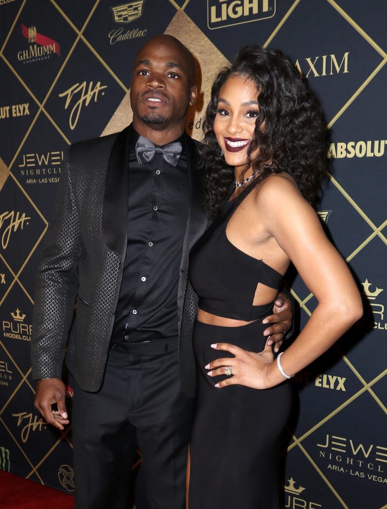 HOUSTON, TX - FEBRUARY 05:  NFL player Adrian Peterson and Ashley Brown arrive at the Maxim Super Bowl Party on February 5, 2017 in Houston, Texas.  (Photo by John Parra/Getty Images for Maxim)