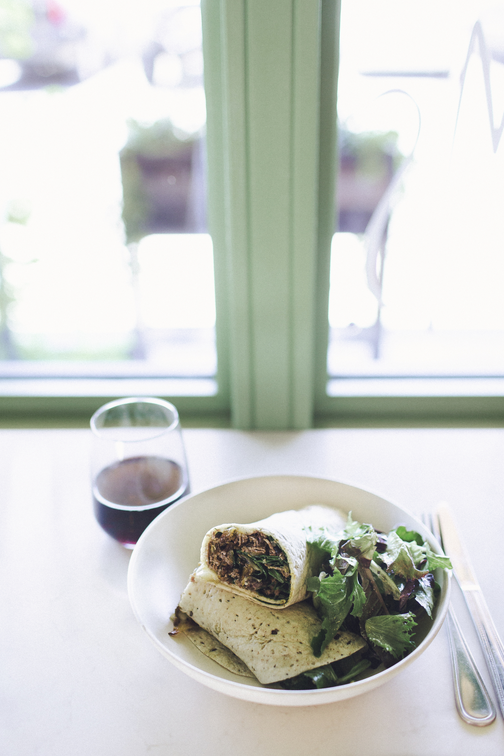 The Rebel wrap, with grass-fed steak, charred onion, port salut cheese, arugula, and horseradish yogurt