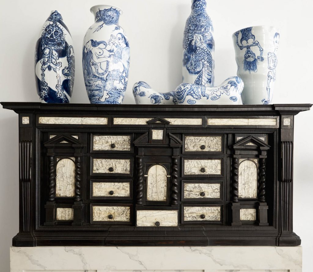 Eighteenth-century ivory inlay chest from East & Orient. Contemporary porcelains from David Sutherland.