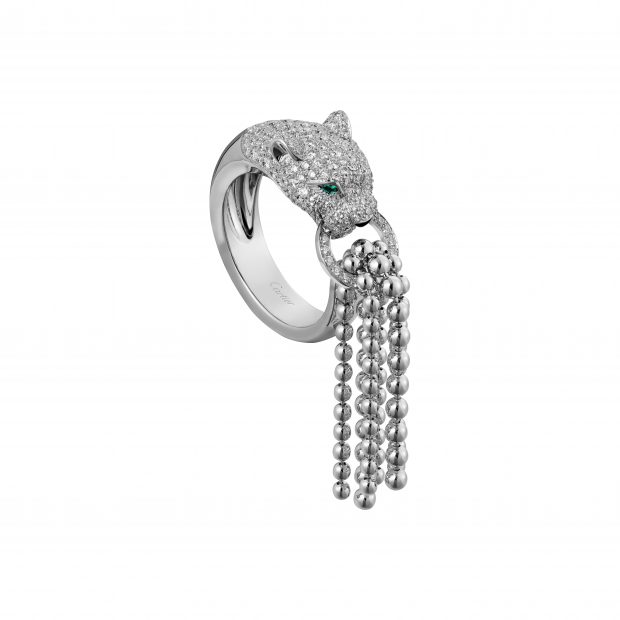 Panthère de Cartier ring in 18K white gold with emeralds, onyx, and diamonds, $26,200