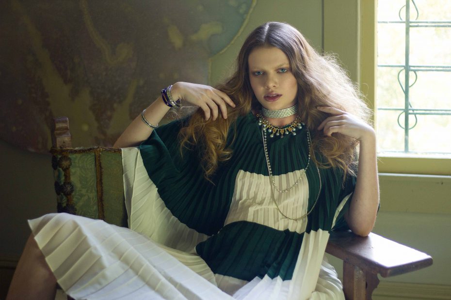 Model wears Tenenbaum jewels: French Edwardian platinum and white-gold choker with 30.45 carats of diamonds, circa 1910-1920; vintage Buccellati gold necklace with Dutch rose-cut diamonds and
baroque pearls, circa 1960s-’70s; platinum necklace with 50.02 carats of round diamonds; Riviera necklace with 33.50 carats of diamonds; Victorian enamel snake bracelet with diamonds and ruby eyes, circa 1870s; French platinum bracelet with sapphires and diamonds, circa 1920s; Art Deco platinum bracelet with sapphires and diamonds, circa 1920s; all price upon request, at Tenenbaum Jewelers. Akris printed pleated silk dress $3,990, at the Akris boutique Houston.