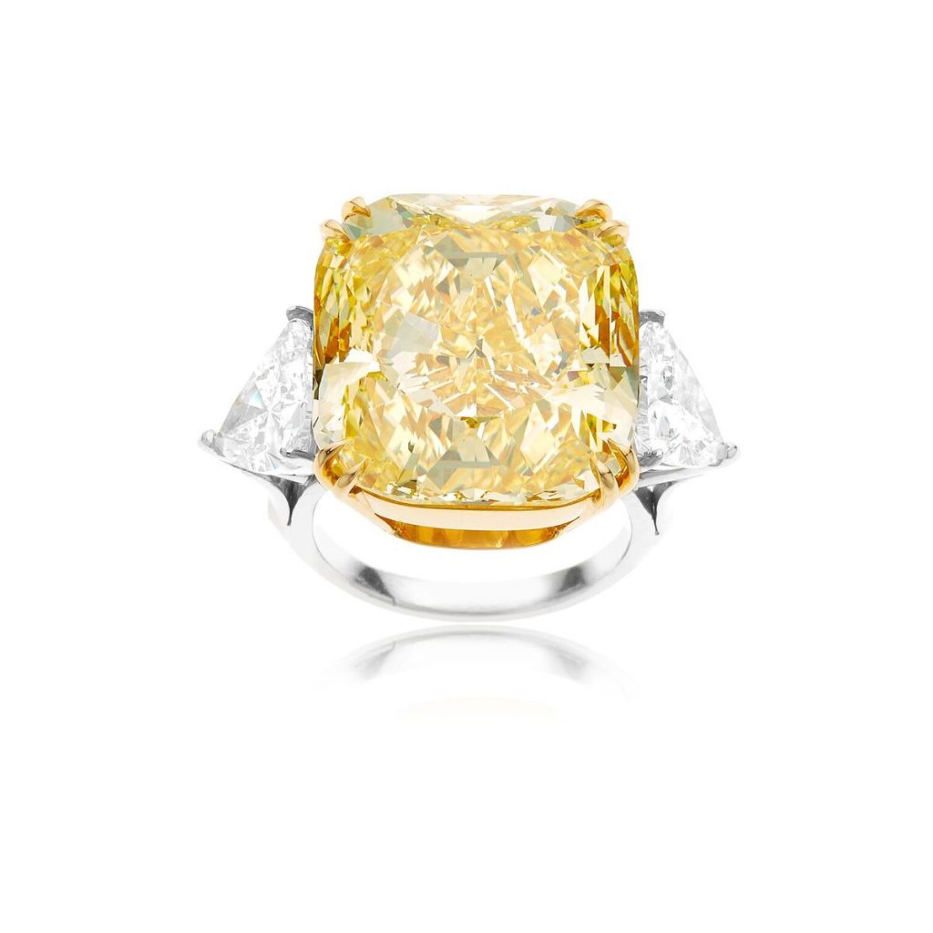 William Noble 30-Carat Fancy Intense Cushion Yellow Diamond Engagement Ring: set in yellow gold and platinum with 4 carats of total weight in side diamonds