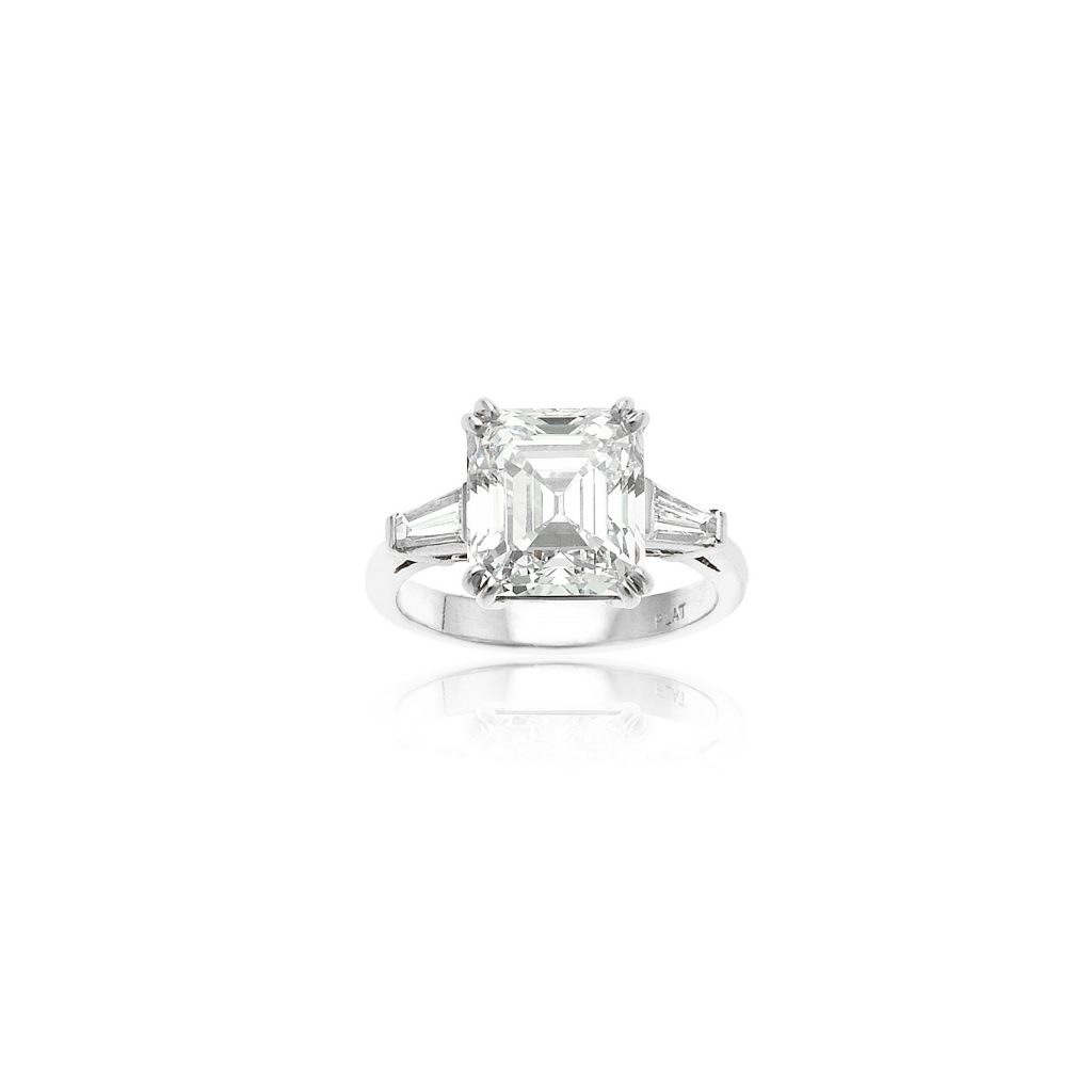 William Noble 5-Carat Square Emerald Cut Diamond: set in platinum with two tapered baguettes