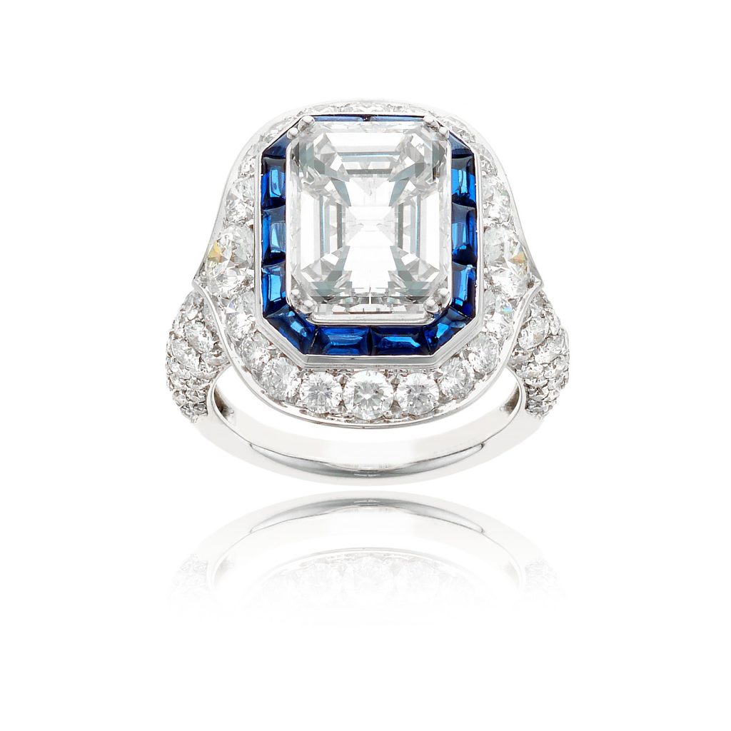 William Noble Diamond Sapphire Engagement Ring: 5-carat emerald-cut diamond with 3 carats of round brilliant diamonds and 1 carat of baguette sapphires