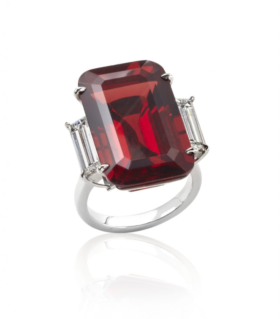 William Noble Spinel Ring: 25.54-carat natural Burma spinel set in platinum with two 1-carat emerald-cut diamonds