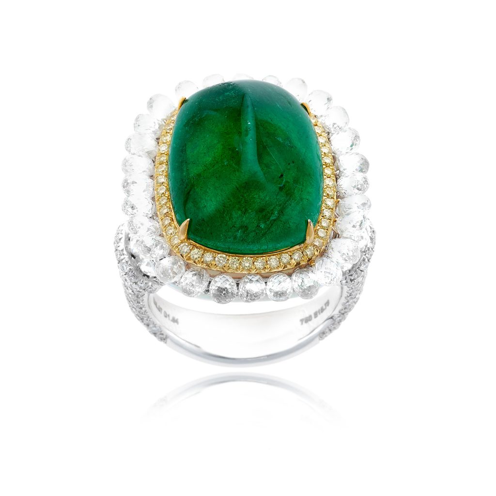 William Noble Diamond, Emerald, and Opal Ring: 18K white-gold diamond, emerald, and opal ring with a 15-carat sugar loaf emerald accented with more than 6 carats of white diamonds and 5 carats of opal
