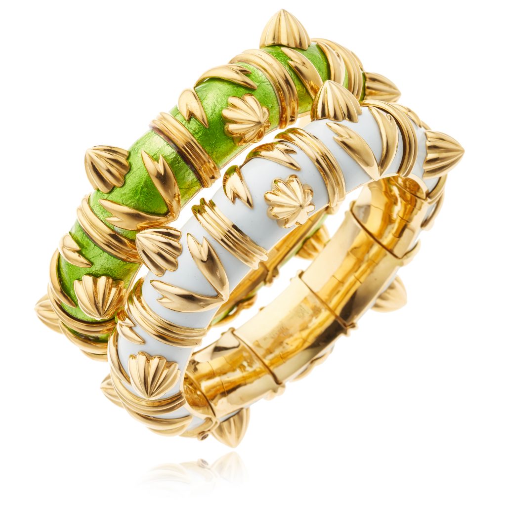 William Noble Jean Schlumberger Bracelets: 18K yellow-gold and green enamel and 18K yellow-gold and white enamel 