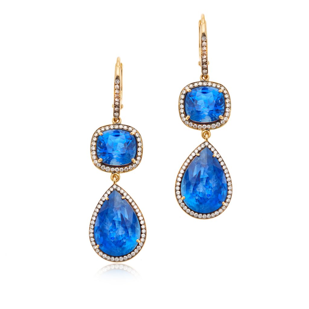 William Noble Sapphire Earrings: 18.8 carats total weight of Burma sapphires, pear shapes, 8.08 carats total weight of cushion Burma sapphires, 0.72 carats total weight of diamonds, 18K yellow and white gold