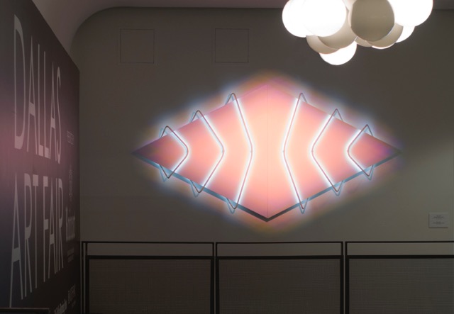 Jay Shinn's light work "Paragon Moon," 2017, greeted Fair goers atop the second floor. Also exhibiting in Barry Whistler's booth, Shinn divides his time between Dallas, Manhattan, and Berlin.
