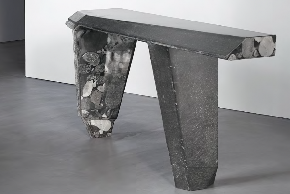 A table by Vincenzo de Cotiis. Top is made of black recycled fiberclass, marble, and antiqued silvered brass. Base is made of black recycled fiberglass and two kinds of marble.