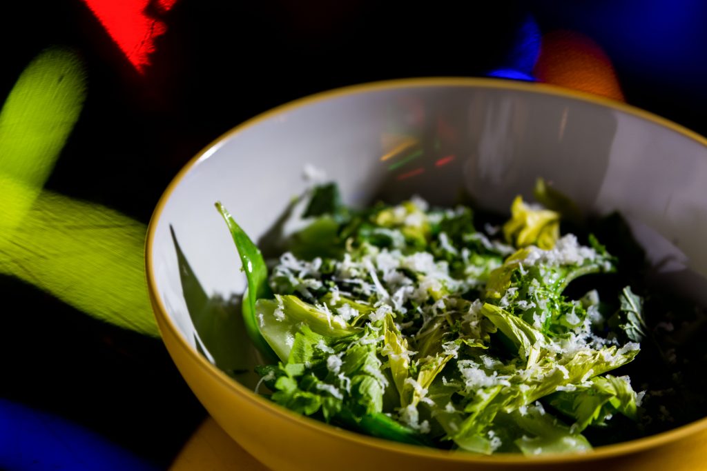 Warm snap peas with celery, mint, and horseradish