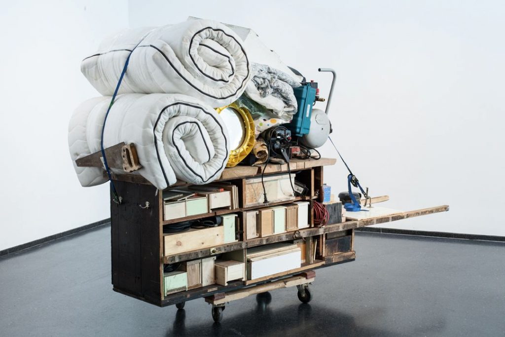 Theaster Gates' "Migration Rickshaw for Sleeping, Playing, and Building," 2013, installation view at Museum of Contemporary Art, Chicago (Photo by Sara Pooley)