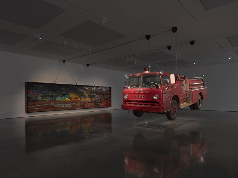 Theaster Gates' "Raising Goliath," 2012, 1967 Ford fire truck, magazines, tar bucket, mop, steel, and wire (Photo by Ben Westoby)