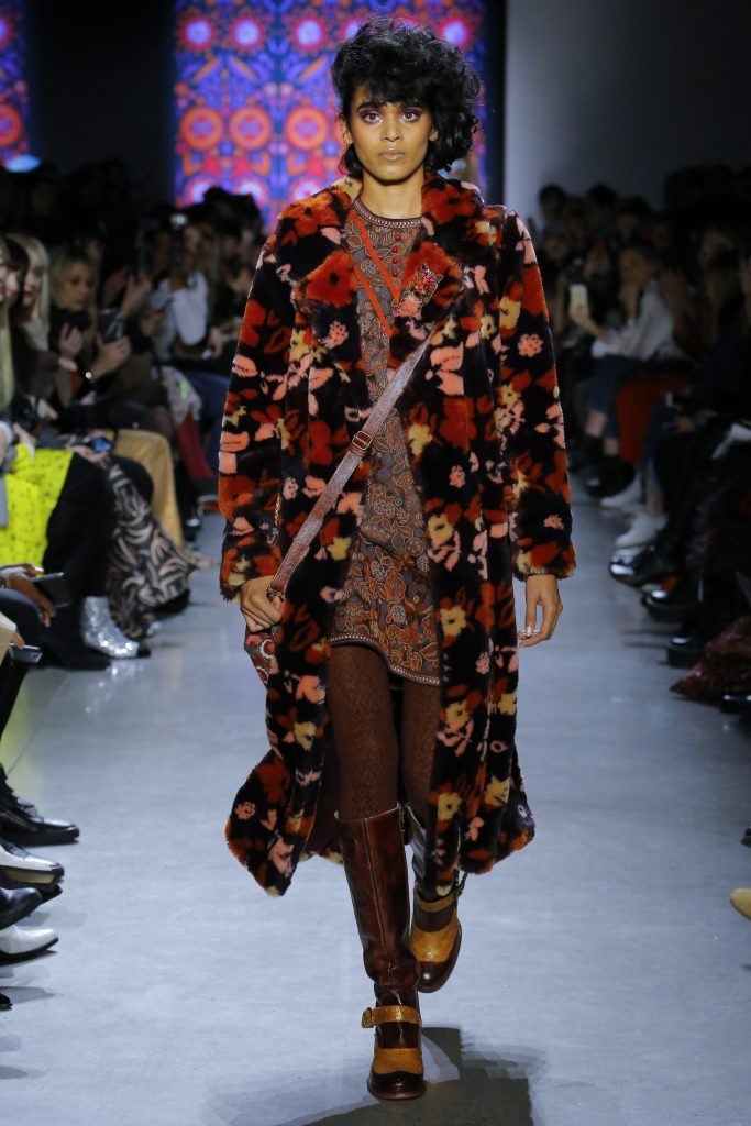 Anna Sui Bordeaux multi floral faux fur coat, ambre multi floral 
Daze jacquard dress.