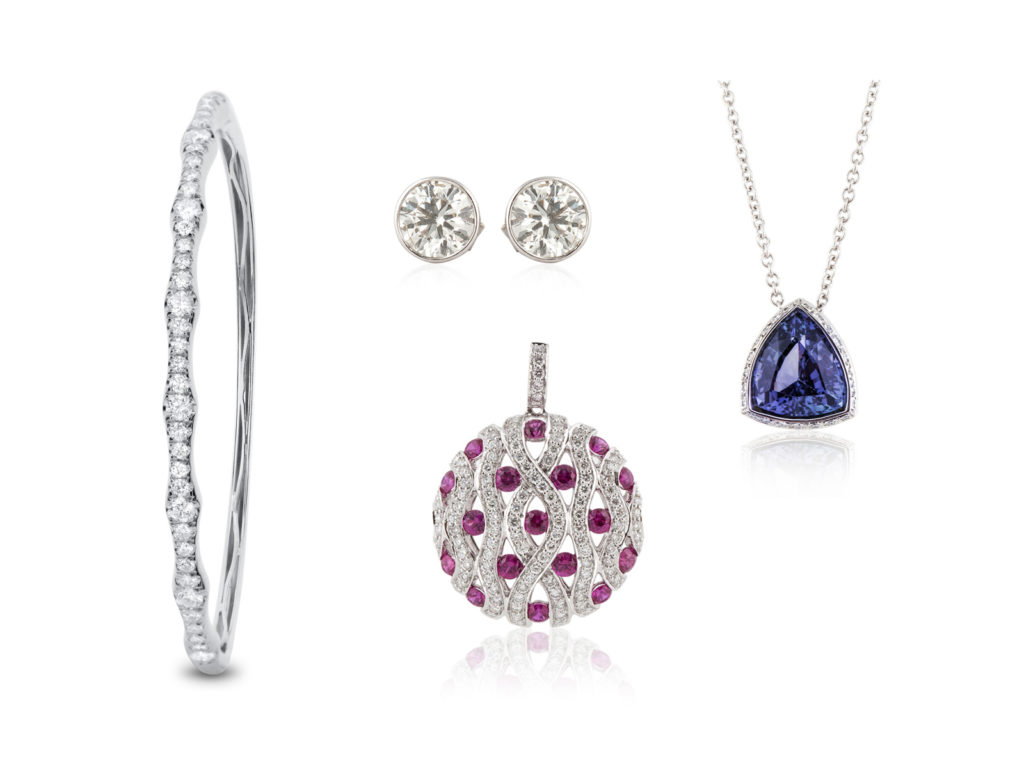 Diamond bracelet, diamond stud earrings, and diamond, ruby and tanzanite pendants, all under $5000