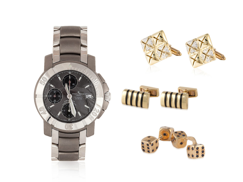 Great gifts for men under $3000, featuring a Baume & Mercier watch and a selection of vintage cufflinks