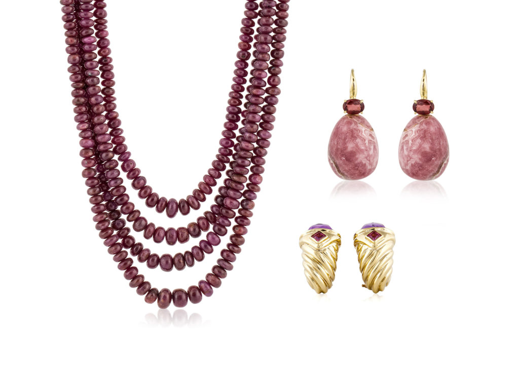 Gemstone jewelry under $1500, featuring a ruby bead necklace, agate and garnet earrings, and David Yurman Renaissance earrings in 14K, amethyst and tourmaline