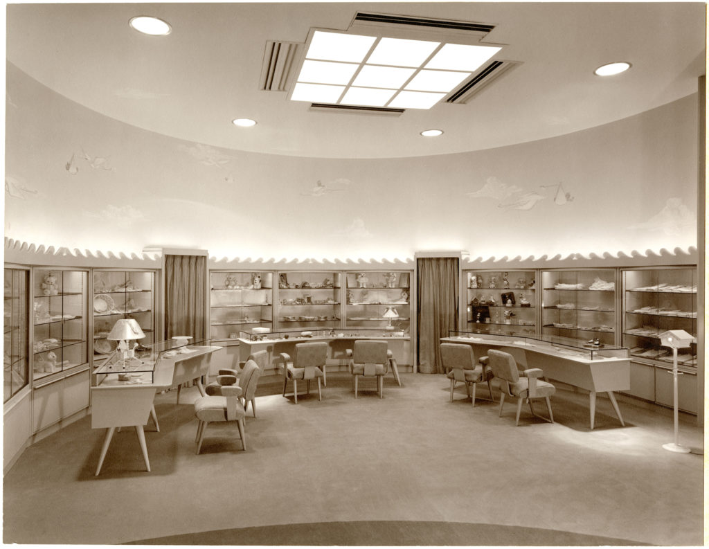 The Layette Department was stocked with curated gifts and furnishings for newborns and their nurseries. The hand-painted mural displays storks ferrying bambino cargo. (Courtesy Houston Metropolitan Research Center, Houston Public Library, Alfred C. Finn Collection, MSS0019-1567)