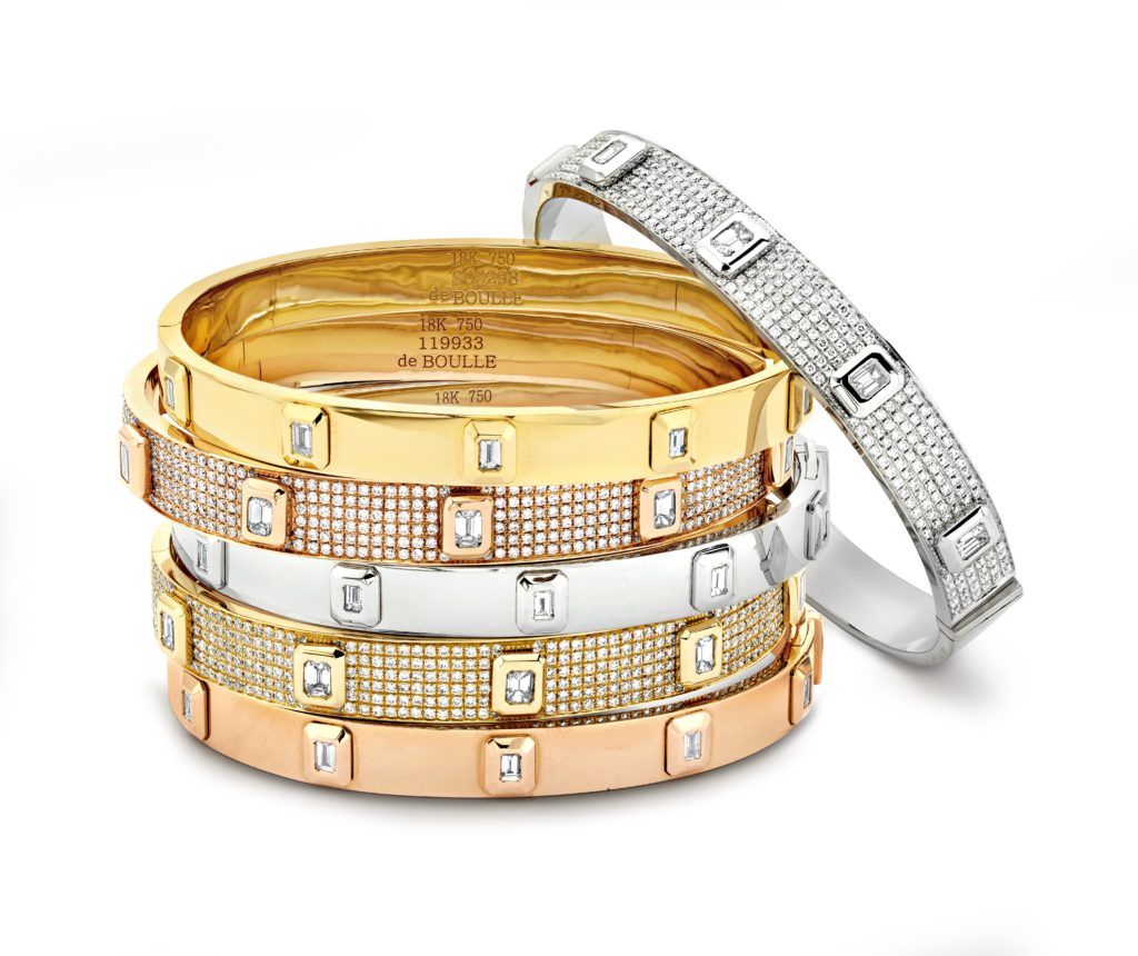 Signataire Bangles with de Boulle hallmark in diamonds in 18K white, yellow and rose gold, $15,300.