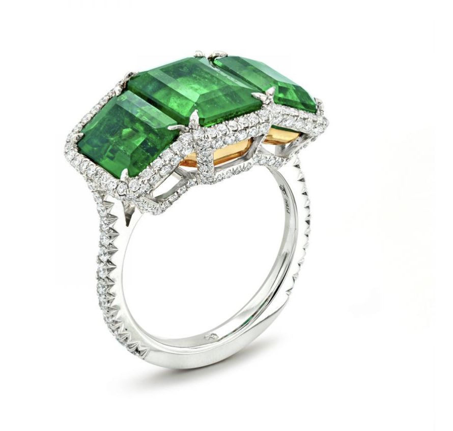 High Jewelry Tao Ring with green Colombian emeralds and diamonds in platinum, price on request. 