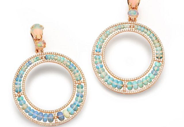 Beaded opals are  arranged in a circular pattern in these earrings, framed by diamonds in 18K rose gold. (25.99 ctw. opal and 2.59 ctw. diamonds, $31,200)