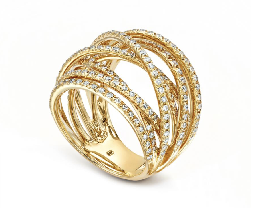 Overlapping ring with nine bands in of diamonds in 18K yellow gold, $6,300.  