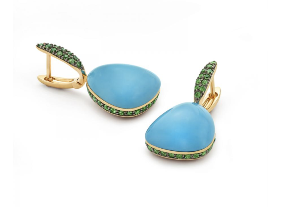 Peek a Boo Earrings with turquoise and Trasvorite garnets, $3,200. 