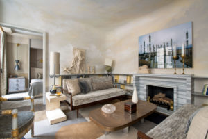 Rue de Lille, Paris with vintage Knoll sofas and Turkish marble fireplace.