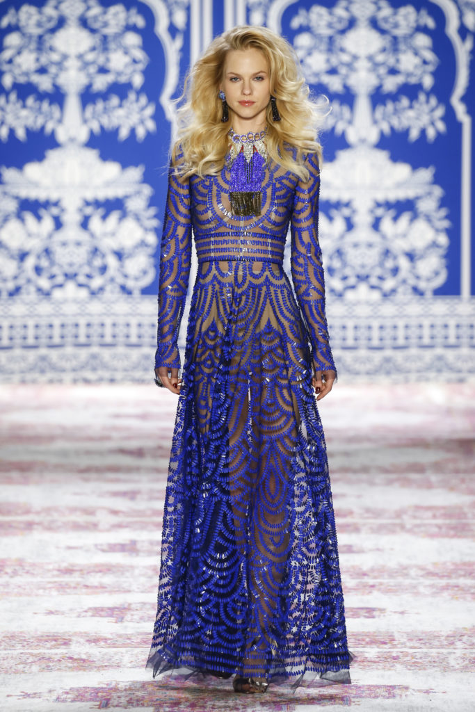 Naeem Khan long-sleeve gown with cobalt sequin detail. (Photo by Naeem Khan)