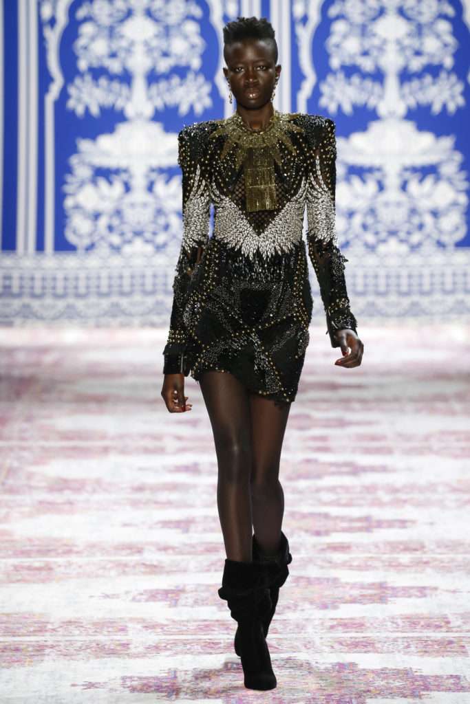 Naeem Khan black, gold, and silver deco beaded long  sleeve dress. (Photo by Naeem Khan)