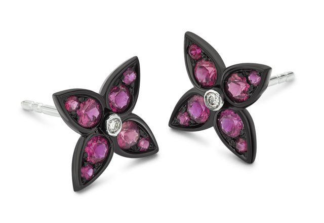 Étoile Earrings with rubies and diamonds in 18K black gold.