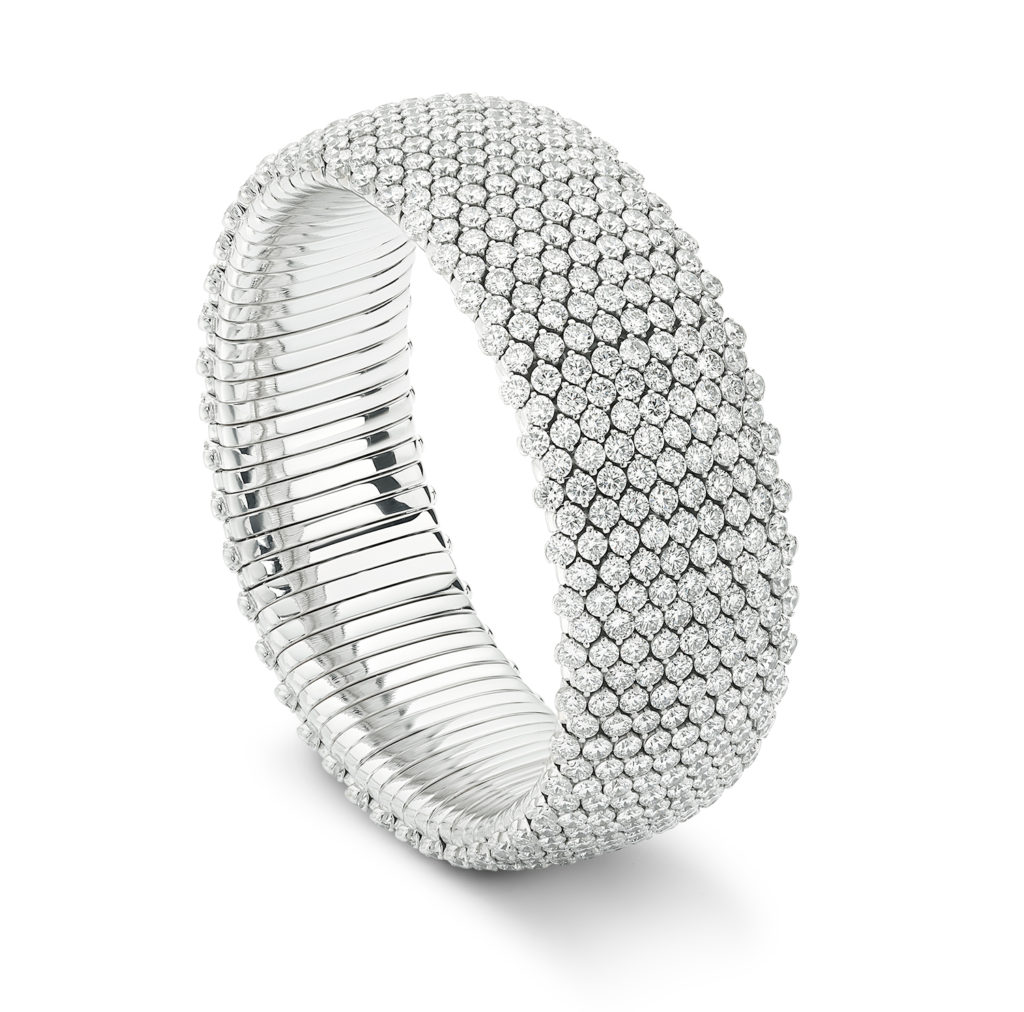 Wide Diamond Stretch Bracelet with round brilliant diamonds crafted in 18K white gold.
