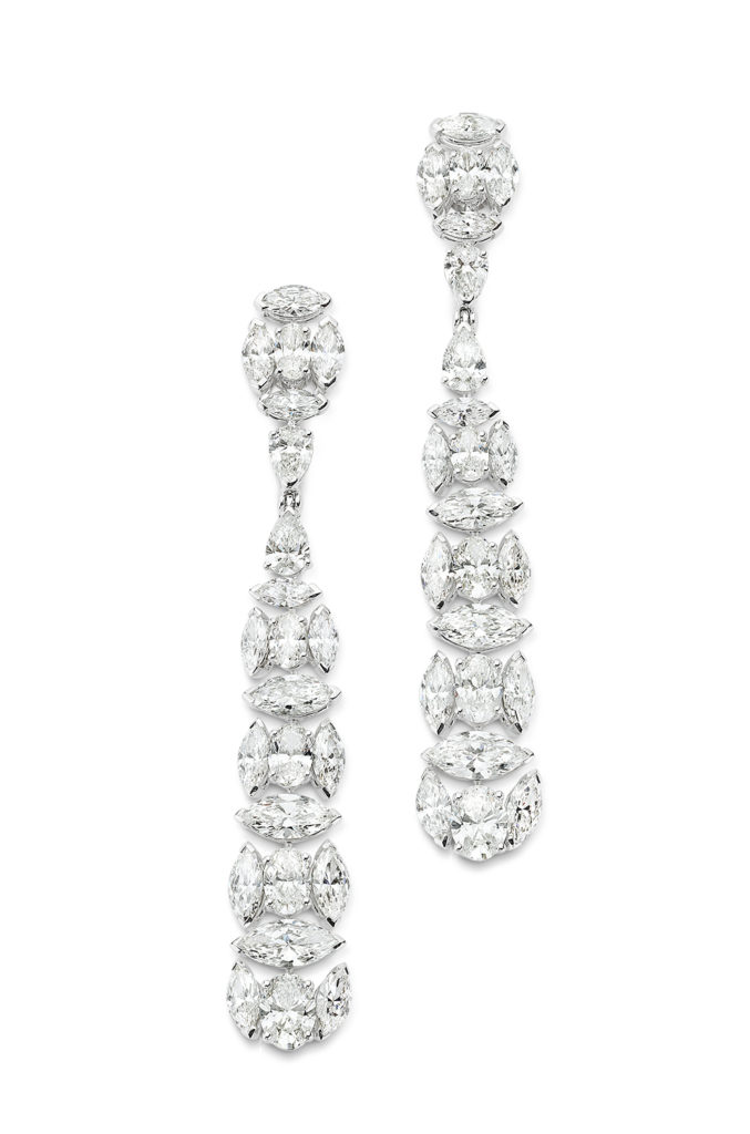 Kunchikal Earrings featuring marquis- and oval-cut diamonds crafted in 18K white gold.