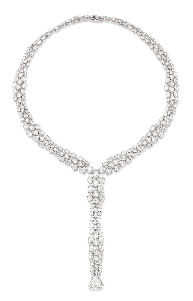 Tibetan Collar covered with pear shape and oval rose cut diamonds crafted in 18K white gold. The collar features a removable covered diamond drop.