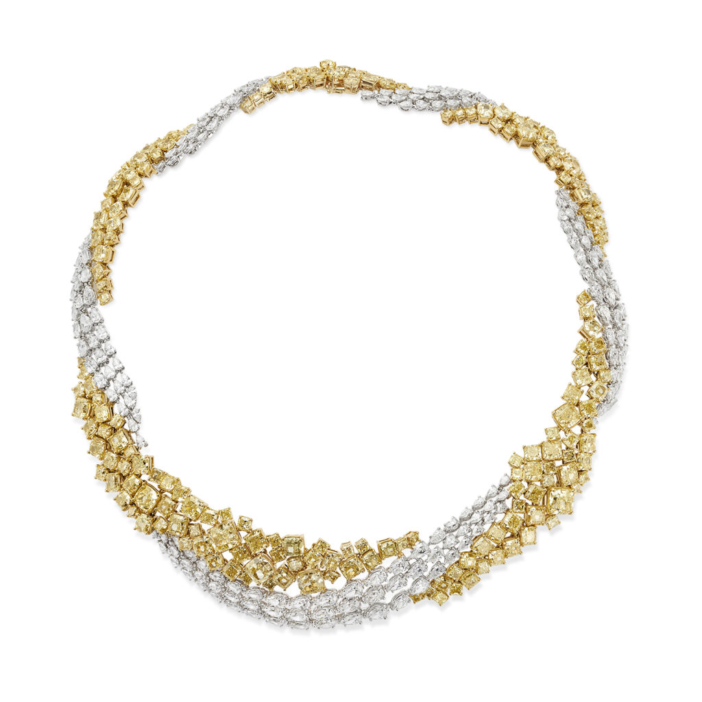 Swirling Diamond Choker with yellow and white diamonds crafted in 18K gold.