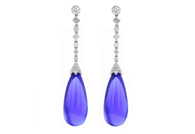 Estate Tiffany & Co. Blue Book tanzanite and diamond drop earrings, set in platinum, circa 2000.