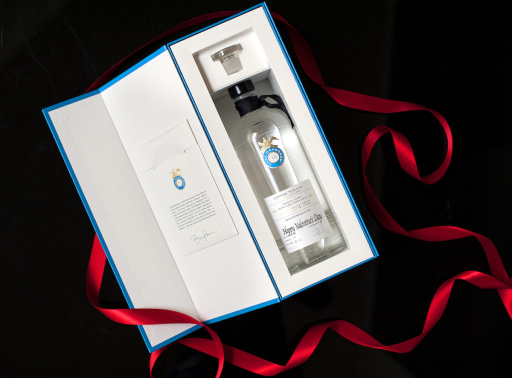 A personalized bottle of Casa Dragones tequila. 