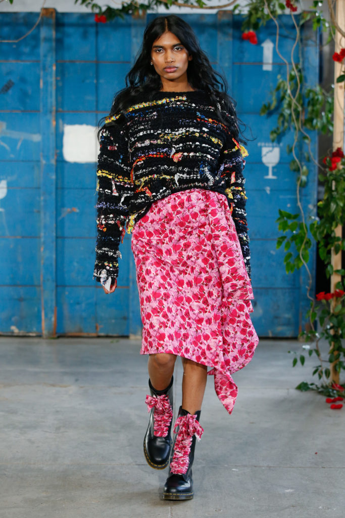 Jonathan Cohen sweater made from recycled Italian cashmere and floral skirt. (Photo by Dan Lecca)
