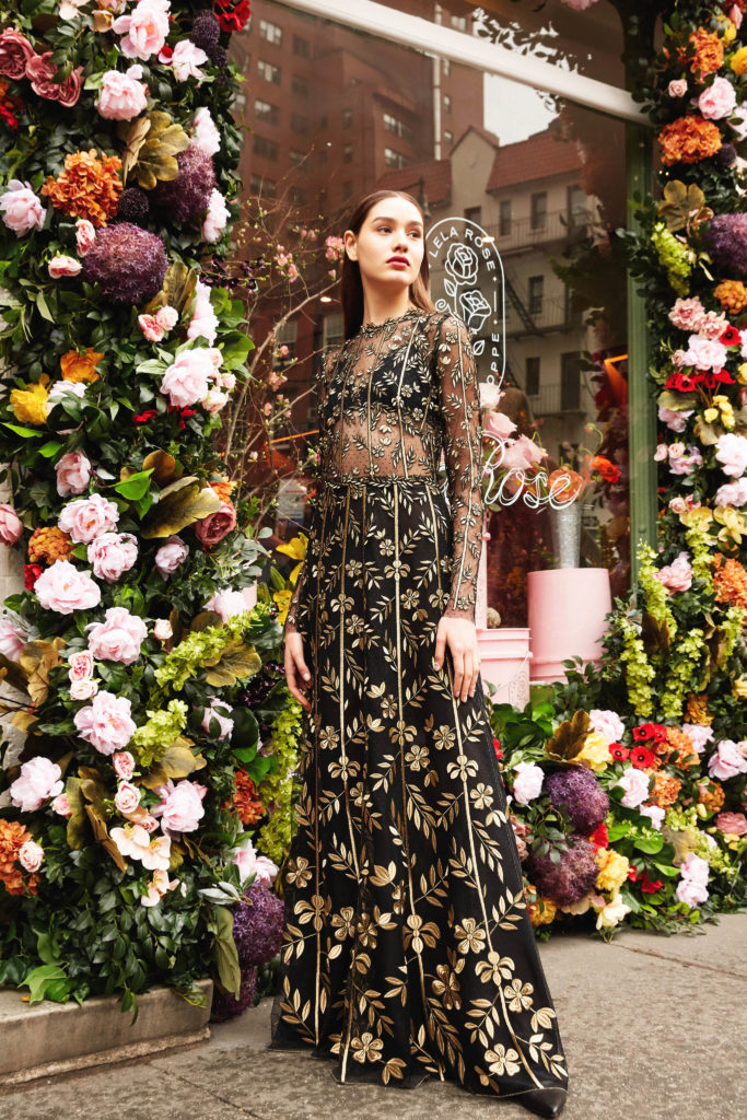 (Lela Rose gold vine-embroidered tulle overlay dress, matching bralette. (Photo by Taylor Jewell)