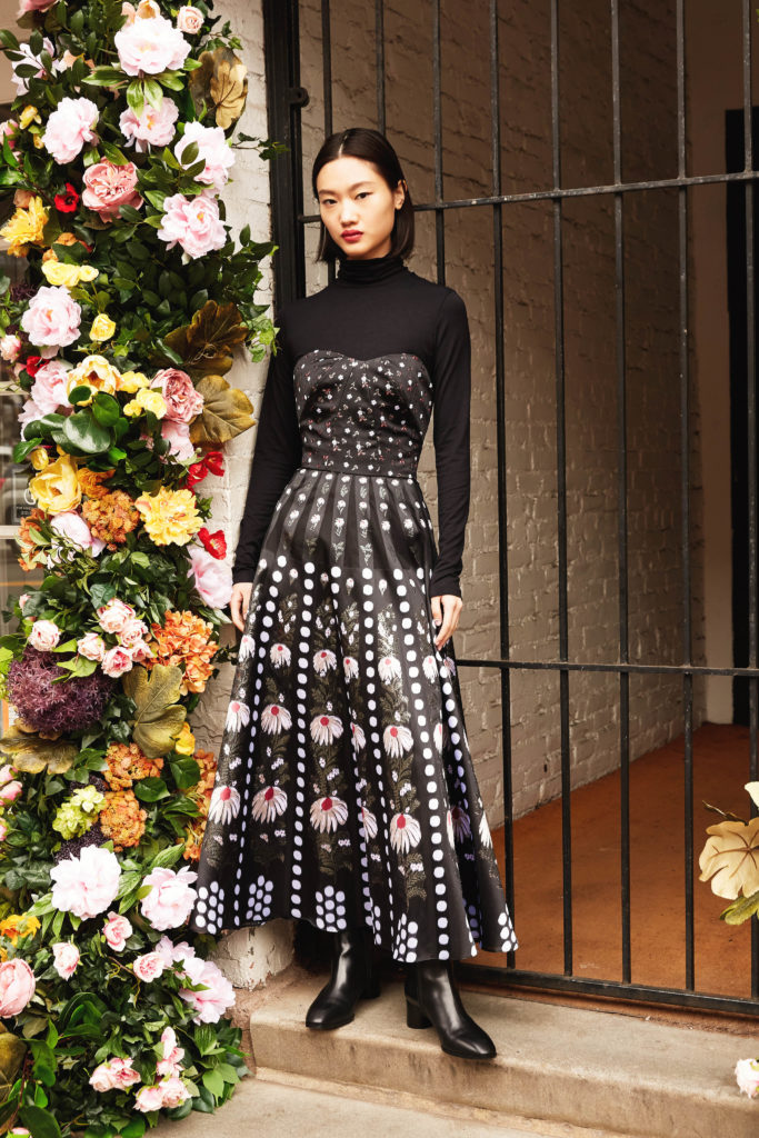 Lela Rose shasta and dot engineered woven strapless dress over knit turtleneck. (Photo by Taylor Jewell)