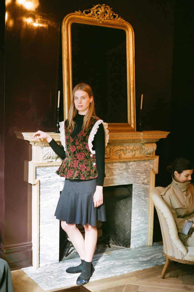 Rentrayage floral vest with lace trim made from repurposed material and skirt made of repurposed suit fabric. (Photo courtesy of Rentrayage)