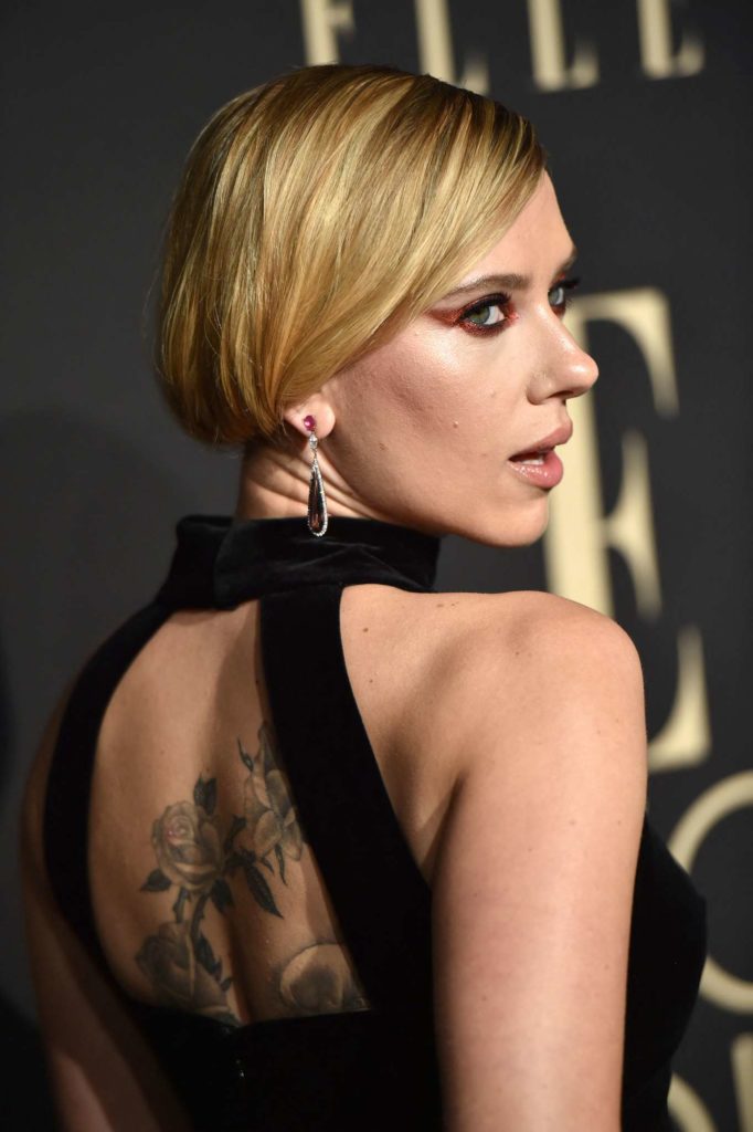 Scarlett Johansson wore a pair of Anabela Chan rose tourmaline Shard earring to the Elle Women in Style luncheon. (Photo courtesy of Anabela Chan)