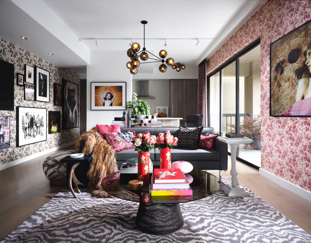 On the Warren Platner for Knoll table is Damien Hirst’s "Sp 598" pill sculpture, acquired at auction. Modo chandelier from Jason Miller Studio, Brooklyn. Sofa from Design Within Reach. Plaster goat-leg table by George Sellers. Back wall: Tyler Shields’ "Lindsay Lohan Shooter" photograph, from Guy Hepner, NYC. At left, photographs by Mark Seliger, Robert Stivers, Juergen Teller, David LaChapelle, and Marilyn Minter. (Photo by Lisa Petrole)