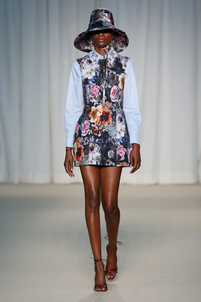 Adam Lippes sugar flower cotton twill sheath, blue cotton poplin embroidered collar shirt, sugar flower duchesse hat. (Photo courtesy of Adam Lippes)