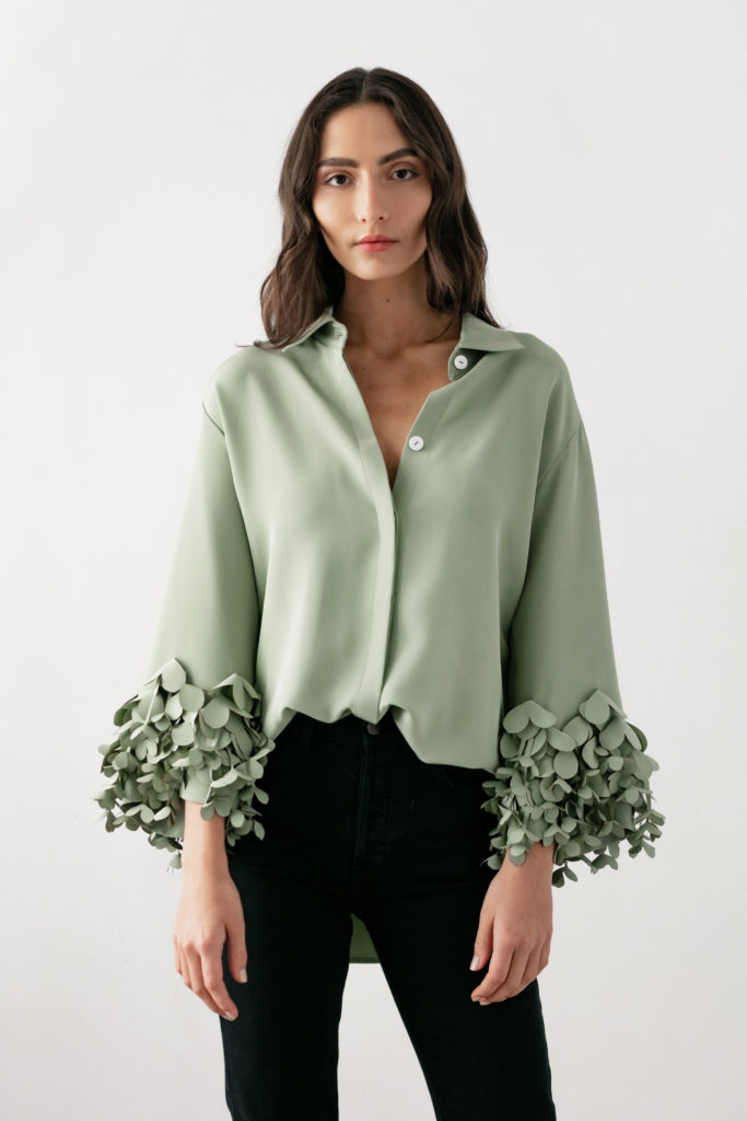 Catherine Regehr green blouse with hand-cut floral detail. (Photo courtesy of Catherine Regehr)