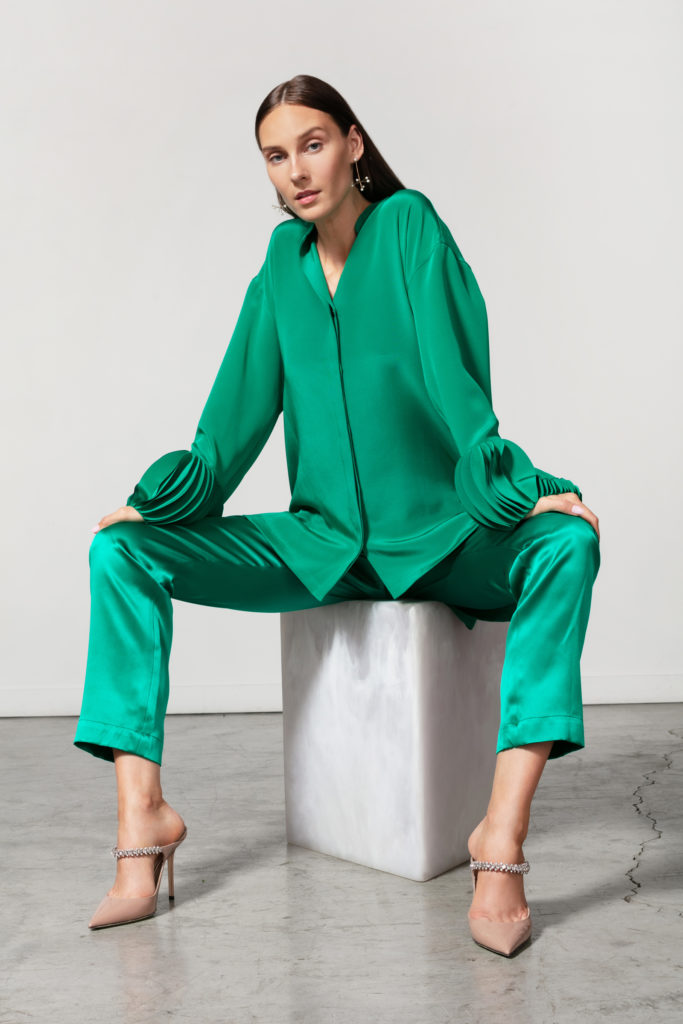 Catherine Regehr laser oval cuff blouse and slacks in shades of green. (Photo courtesy of Catherine Regehr)