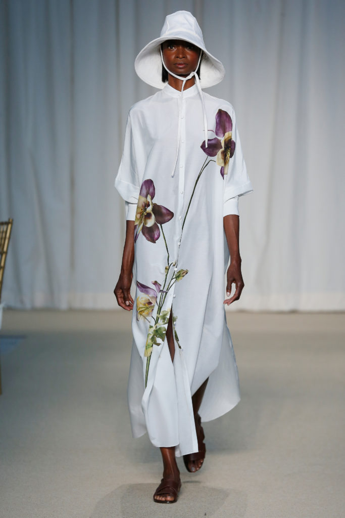 Adam Lippes columbine silk cotton kaftan, ivory silk wool hat. (Photo courtesy of Adam Lippes)
